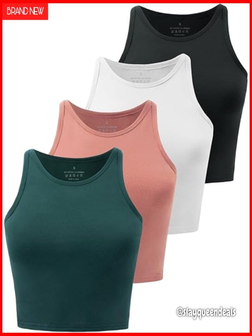 Workout Crop Tops 4 Pack High Neck Racerback Athletic Fit Cotton Spandex